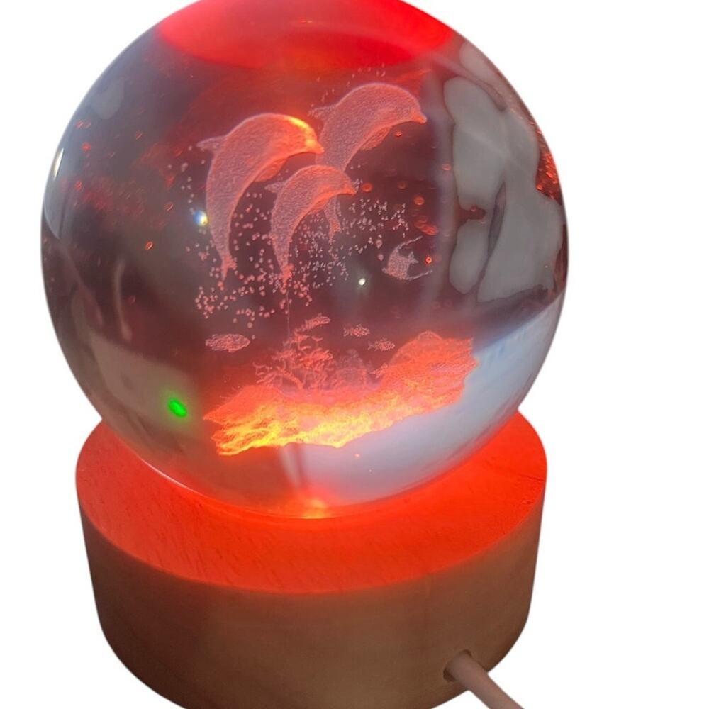 Livmore Crystal Ball Led Light Wooden Base USB Base Dolphins and Fish NWB 2.5"